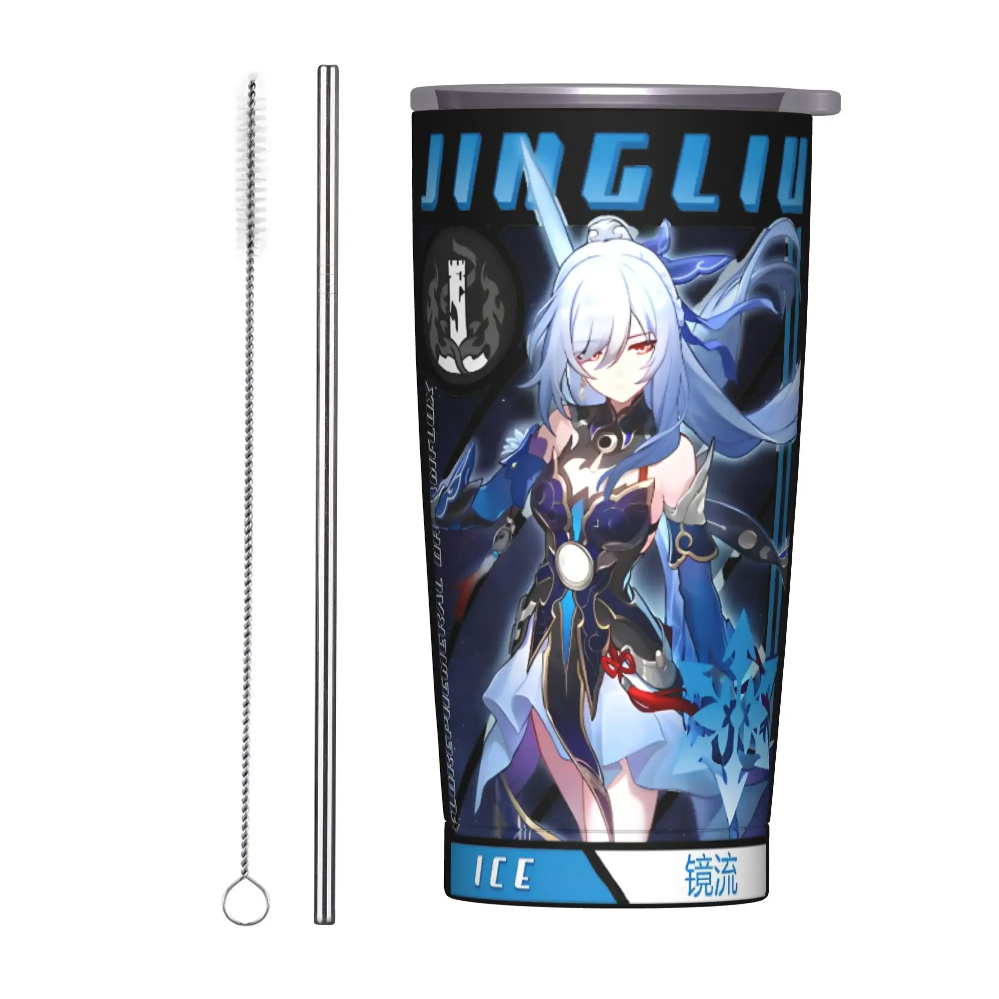 Jingliu Honkai Star Rail Insulated Tumbler with Straws Lid Game Stainless Steel Thermal Mug Outdoor  Hot Cold Drink Cups, 20oz
