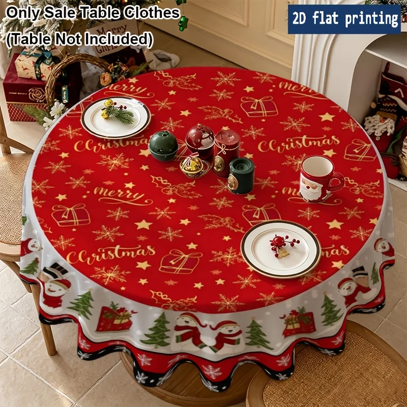 Set of 1, Christmas polyester tablecloth, snowman snowflake gold pattern, winter Christmas decoration round tablecloth