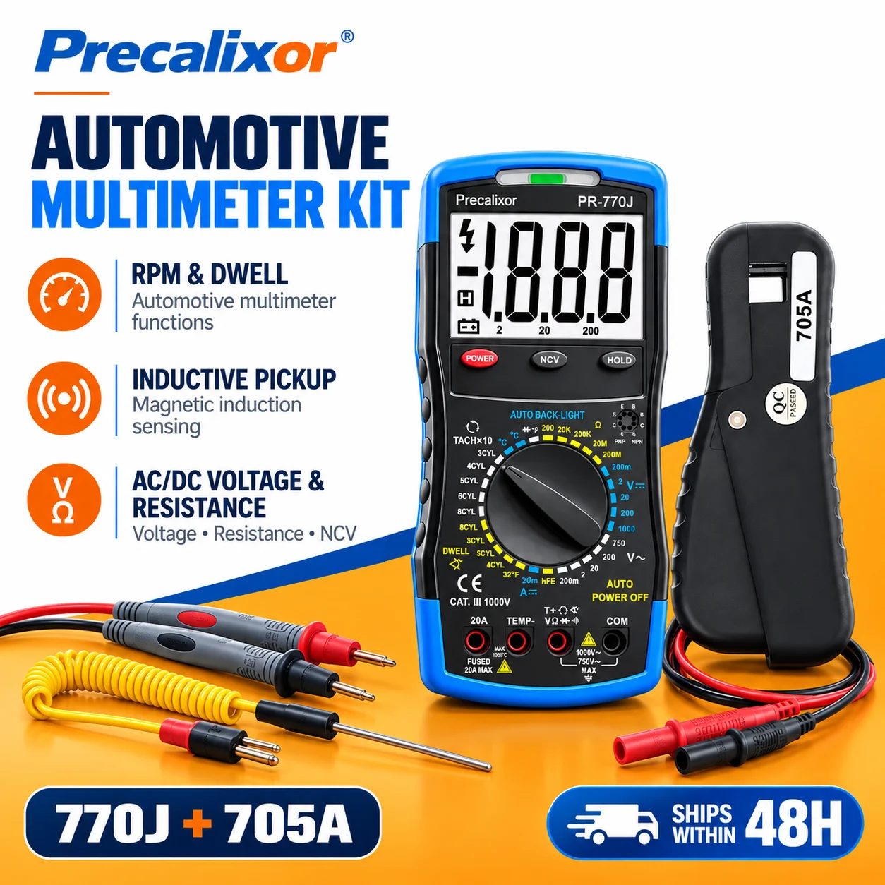 Automotive Digital Multimeter Inductive RPM Dwell Tester NCV AC/DC Volt Ohm Temp Probe Backlit 20A for Car Engine Diagnostic