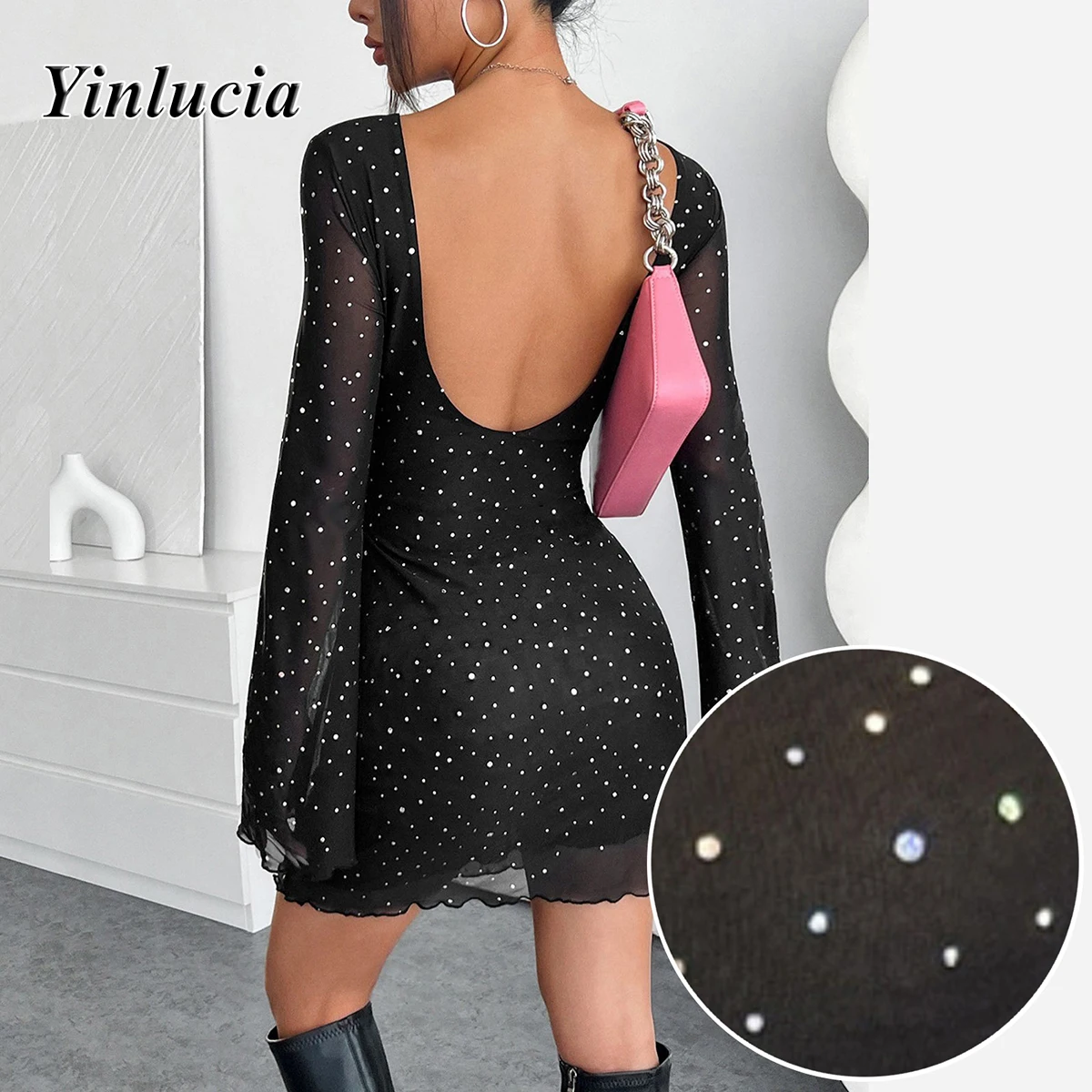 

Shiny Sequin Dresses Elastic Slim Women Sexy Backles Mesh Hot Babes Y2K Street Wear Elegant Soft Elastic Comfortable Breathable