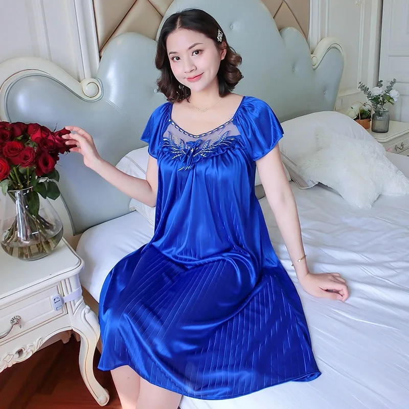 Women's Nightdress Loungewear Ladies Ice Silk Nightgowns Sleeping Dress Medium Length Short Sleeve Home Wear Pyjama Sleepwear