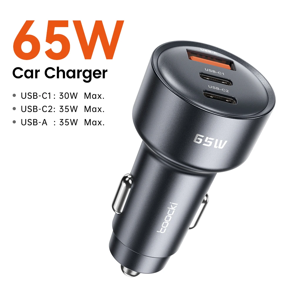 Toocki 65W USB-C autolader met 3 poorten, type C snelladen PPS PD3.0 QC autotelefoonlader voor iPhone 16, Xiaomi, Huawei, Samsung