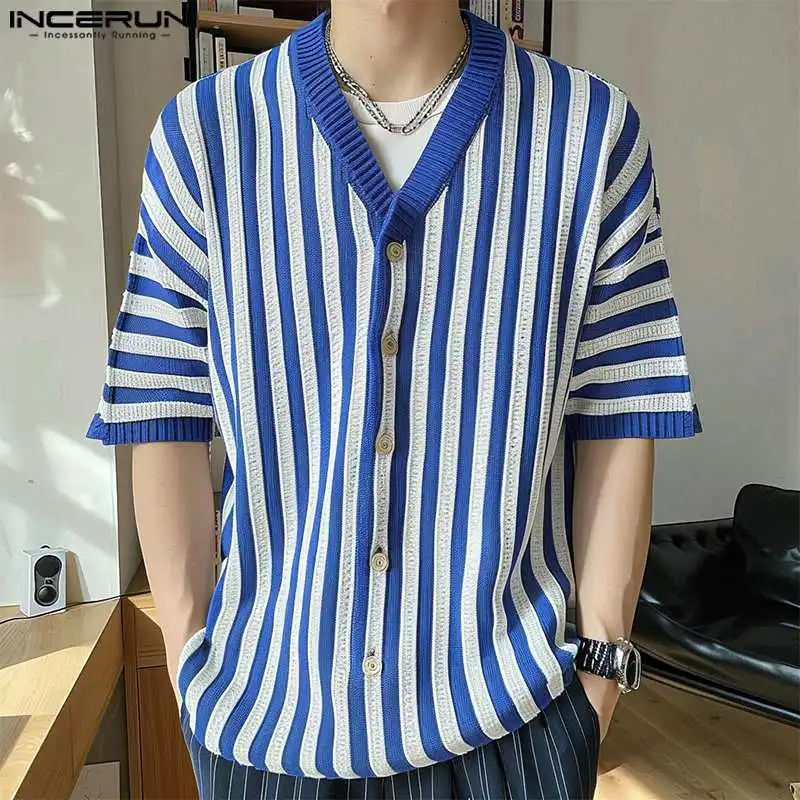 

INCERUN Men Shirt Striped Patchwork V Neck Short Sleeve Loose Casual Men Clothing Summer Streetwear 2024 Korean Fashion Shirts