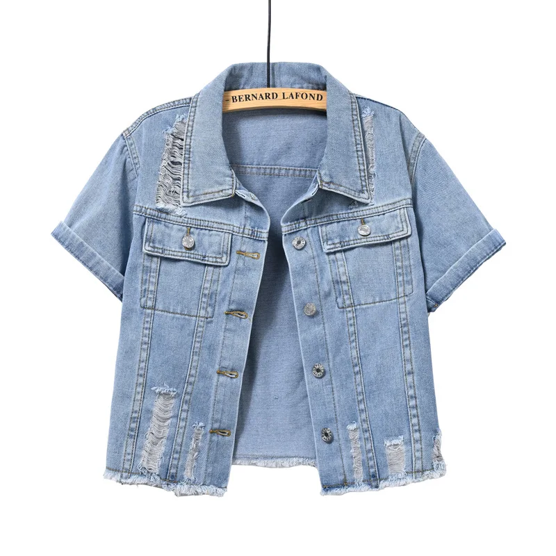

Высококачественная джинсовая рубашка с короткими рукавами 2025, женский новый летний дизайн, рваный короткий джинсовый топ. Свежая и милая повседневная рубашка