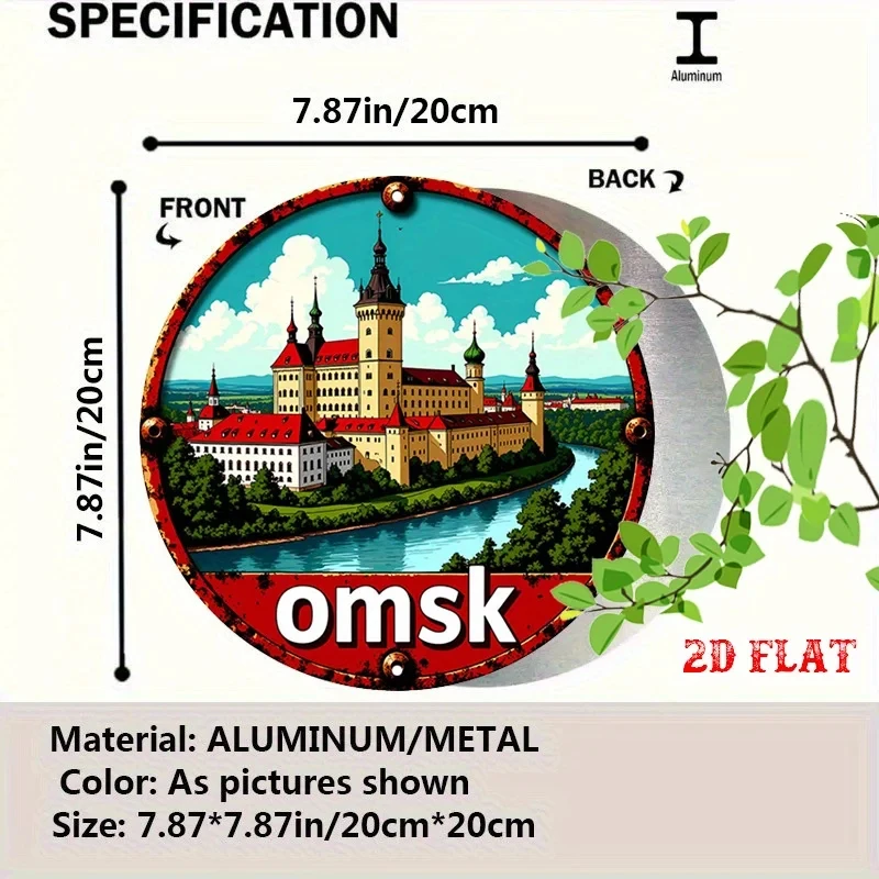 2D plane - a one-piece circular aluminum sign featuring a river view, city skyline design, and European text, with dimensions of 19.99cm by 19.