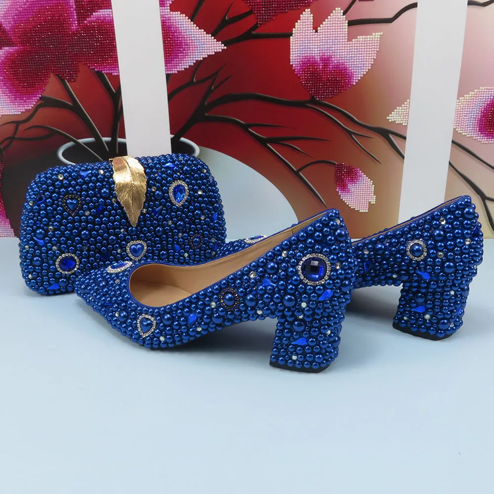 Fashion Royal Blue Pearl Pointed Toe Wedding Shoes bag Set Woman High Pumps Thick Heel Party Shoes Matching Evening Bag Shallow