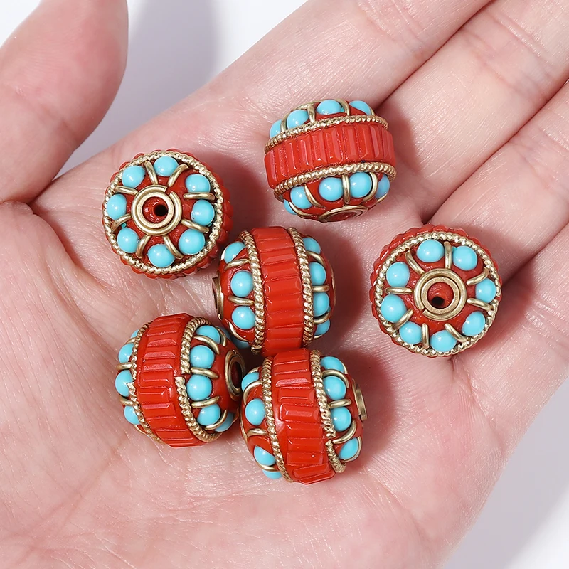 13/18/20mm Round Resin Indonesian Beads With Metal National Style Spacer Loose Bead For Jewelry Making Bracelet Supplies