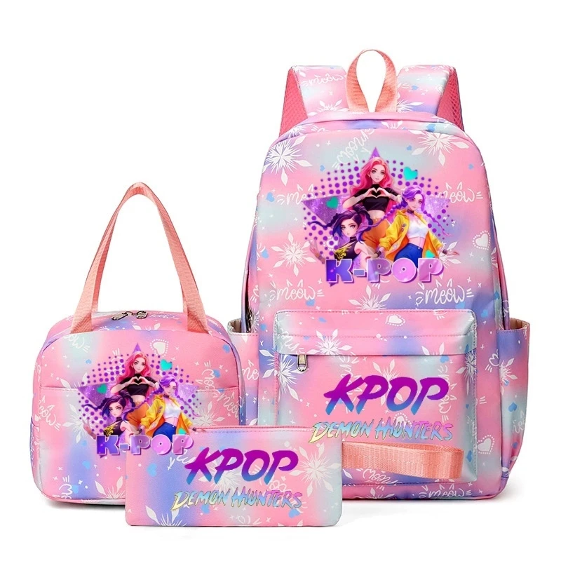Mochilas KPop de moda, 3 piezas, Rumi Mira Zoey HUNTR/, mochilas escolares para niños, mujeres y niñas, Kawaii, gran capacidad, Mochilas rosa y morado