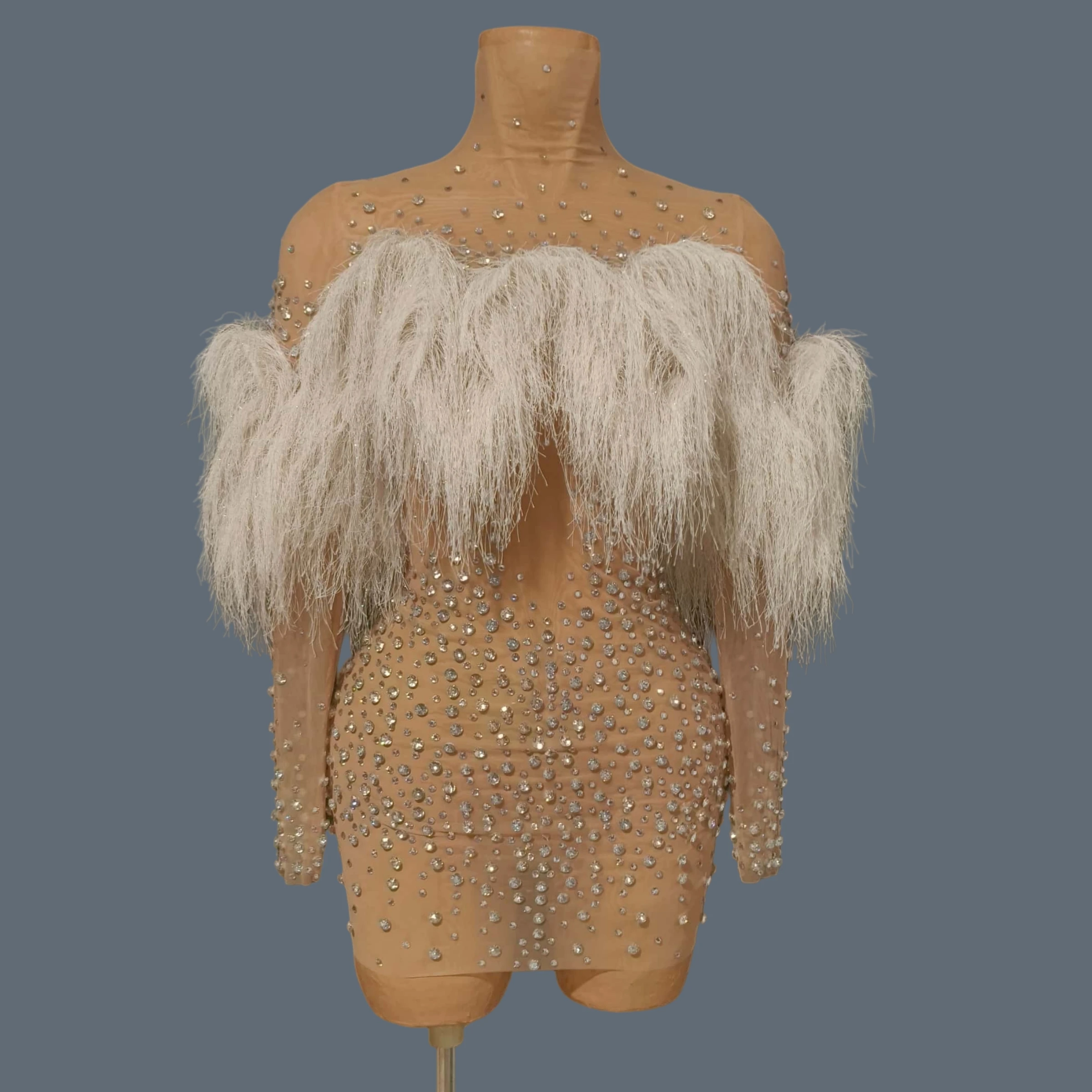 

Sparkly Rhinestone Mini Dress Women Sexy Feather Ball Mini Dress Bar Performance Costumes Nightclub Party Cocktail Dress Lianxi