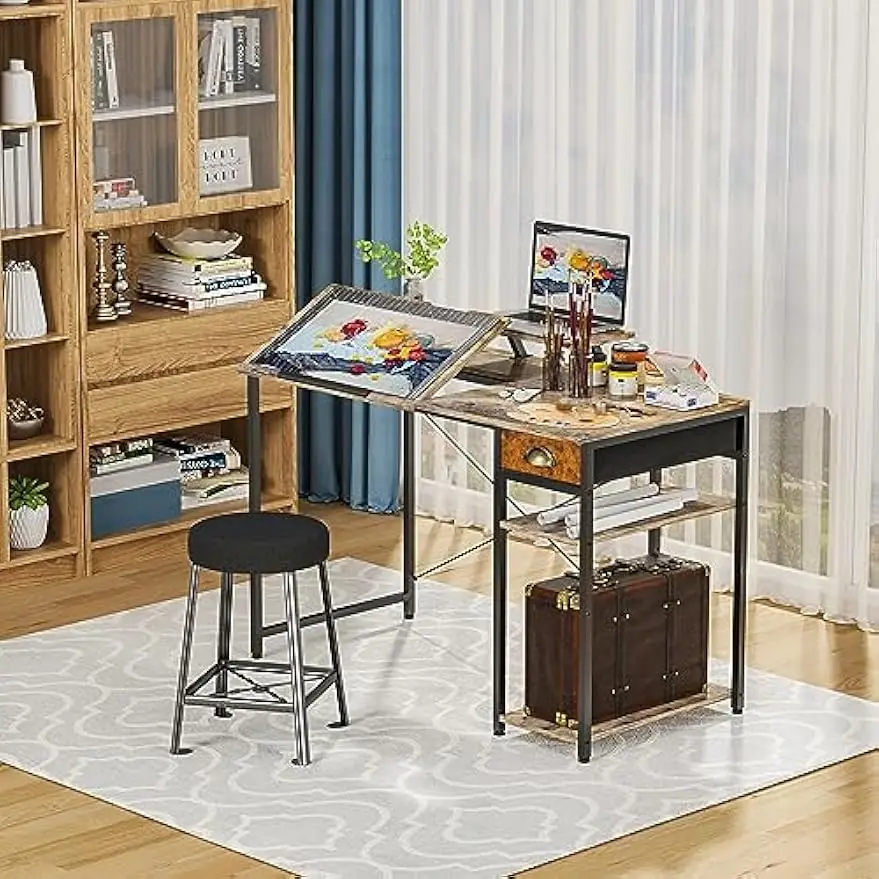 Escritorio para ordenador con cajones y estantes de almacenamiento, mesa de dibujo ajustable e inclinable de 43 pulgadas, para oficina en casa, con soporte para Monitor