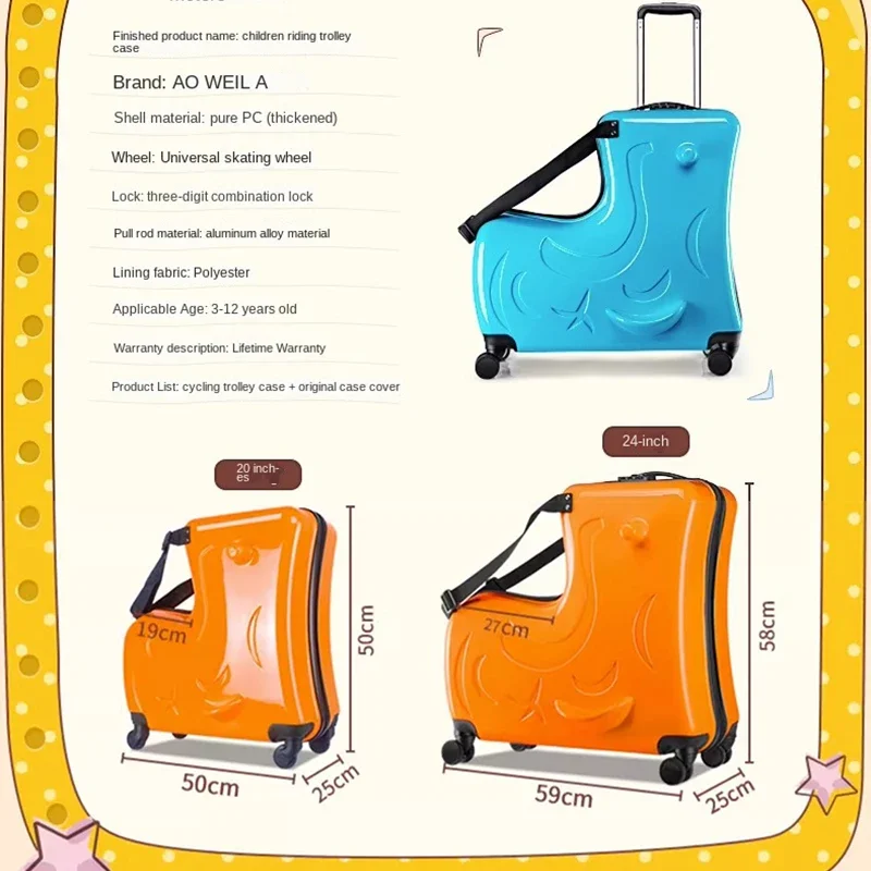 Pony Cartoon Rolling Bagagem para crianças, Spinner Suitcase Wheels, carrinho multifuncional, bolsa de viagem para estudantes, bolsa de viagem fofa