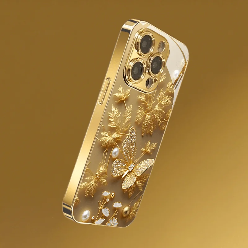 

Metallic Paint Glass Phone Case For iPhone 17 16 15 14 13 12 11 Pro Max 14 15 Plus 17 Air 16E Cover Diamond butterfly pattern
