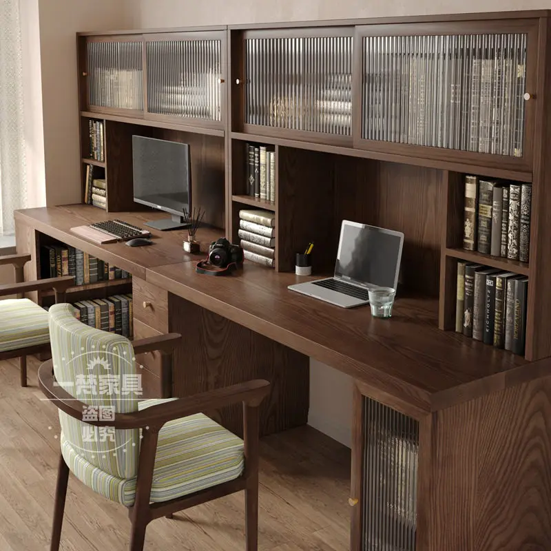 Solid wood desk, bookcase, integrated study room, children's double learning and writing table, household long table