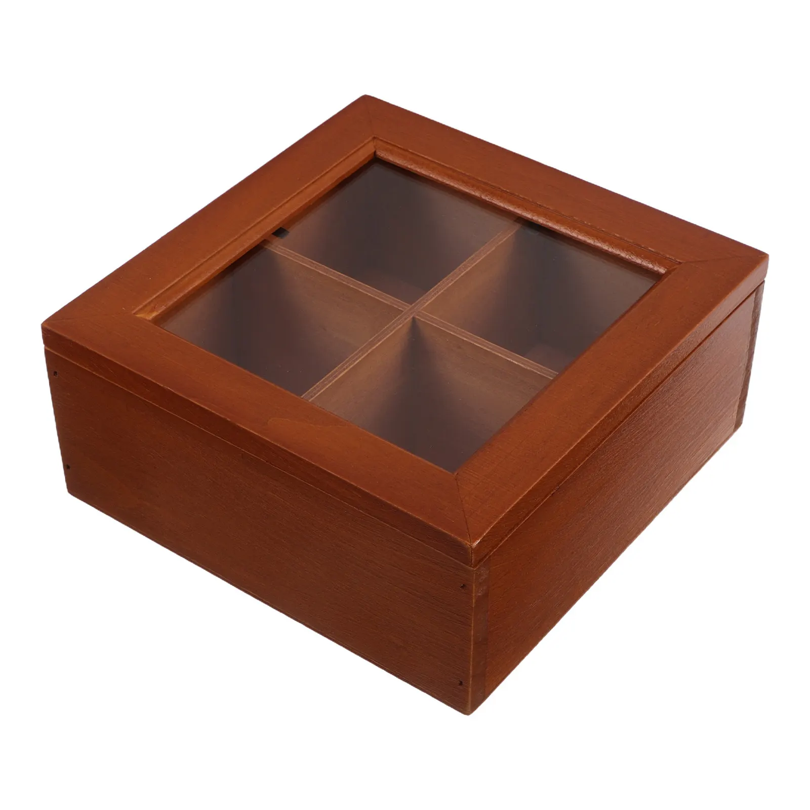 

Solid Wood Vintage Trinket Box Featuring Transparent Glass Top and Four Divided Compartments for Jewelry Tea Bags Keepsakes