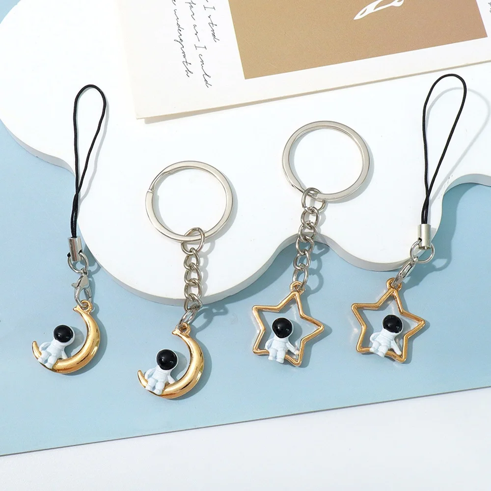 Cute Star Moon Astronaut Keychain Creative Mini Spaceman Mobile Phone Lanyard Girls Backpack Pendant Accessories Couple Gift