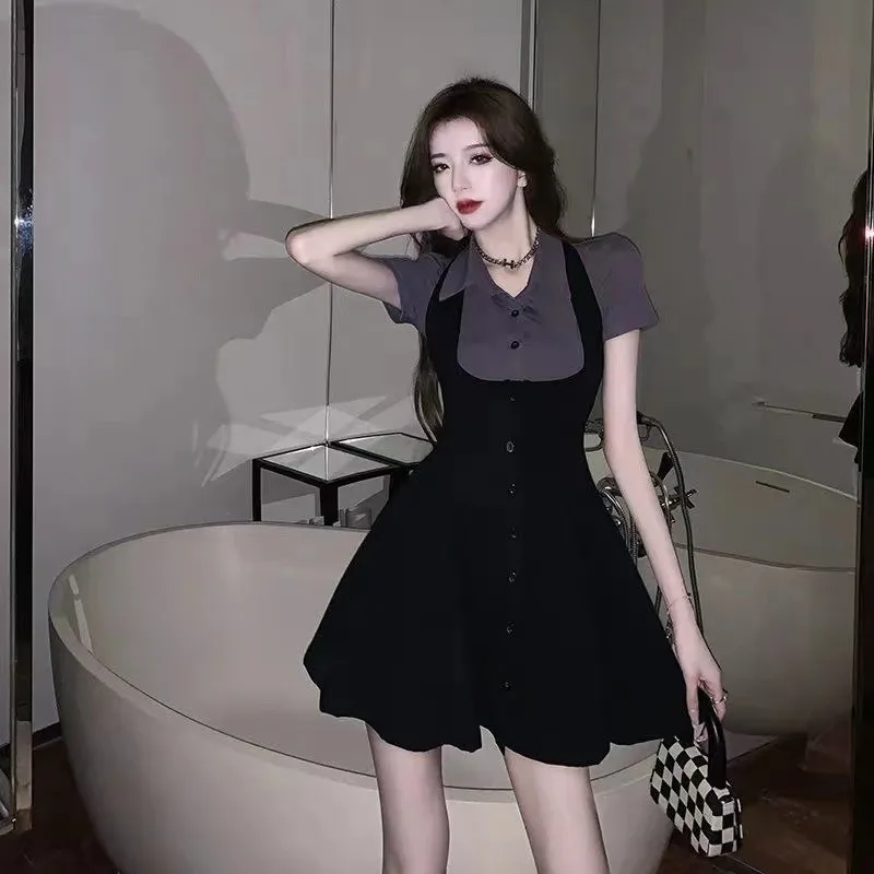 Sexy Polo Collar Fake Two Piece Dress Short Sleeve Button Shirt Dress Bodycon Dresses Y2k Summer Korean Preppy Street Wear 원피스