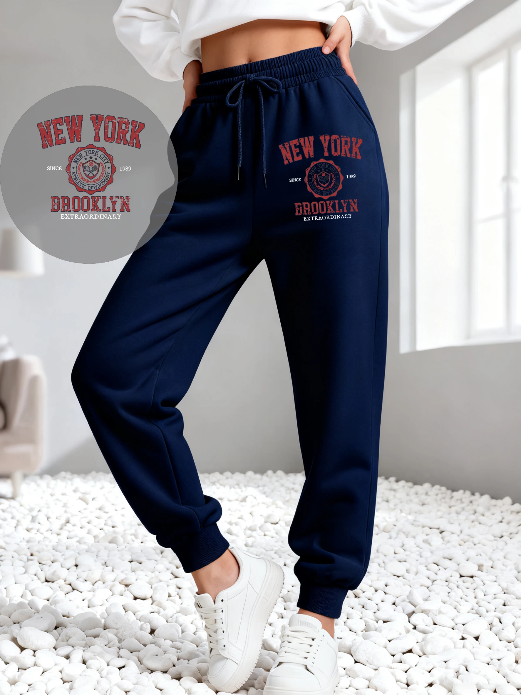 New York Brooklyn Art City Woman Jogging Pants Fleece Pocket Sweatpant Autumn Casual Streetwear Warm Drawstring Unisex Trousers