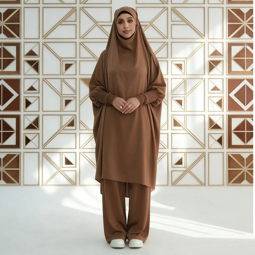 

2 Piece Set Eid Djellaba Khimar Pant Muslim Women Islam Clothing Ramadan Prayer Garment Overhead Dress Jalabiya Abaya Kaftan New