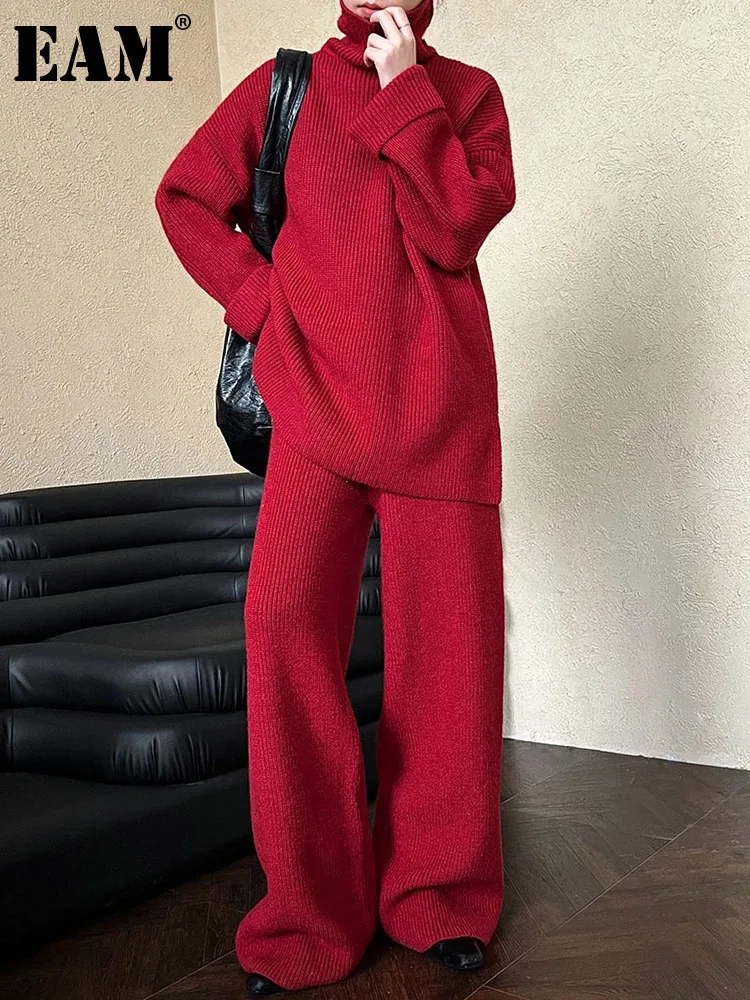 [EAM] Red Big Size Sweater Wide Leg Pants Two Piece Suit New Turtleneck Long Sleeve Women Fashion Spring Autumn 2025 1DH8626