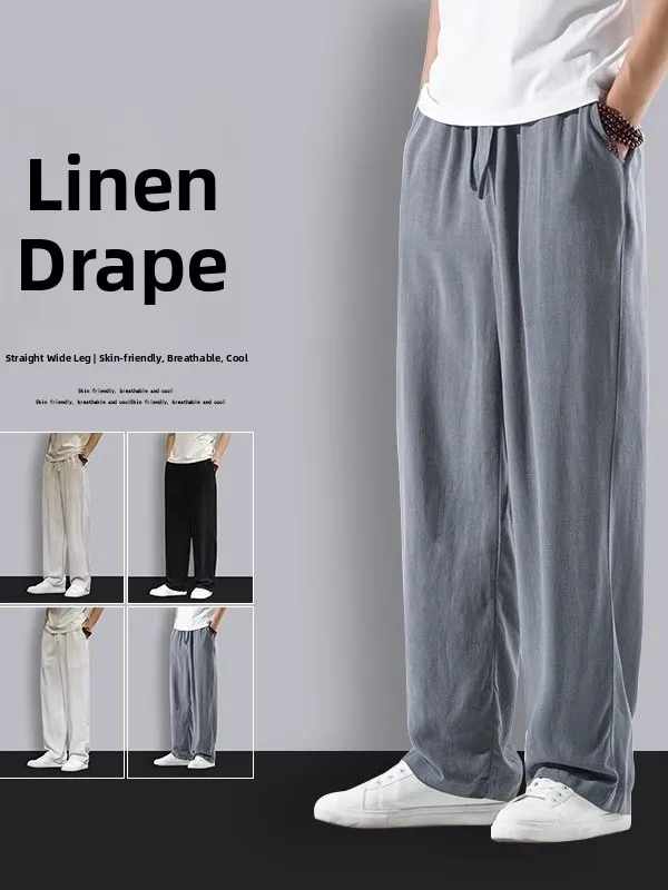 

Lightweight Breathable Linen Wide Leg Pants Men's Casual Straight Cut Loose Fit Daily Wear Comfortable Straight Tube Trousers