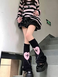 1 pair of knitted wide leg sock sleeves with love cross Y2K girls' matching calf sleeves for winter warmth wool knitted sock sle