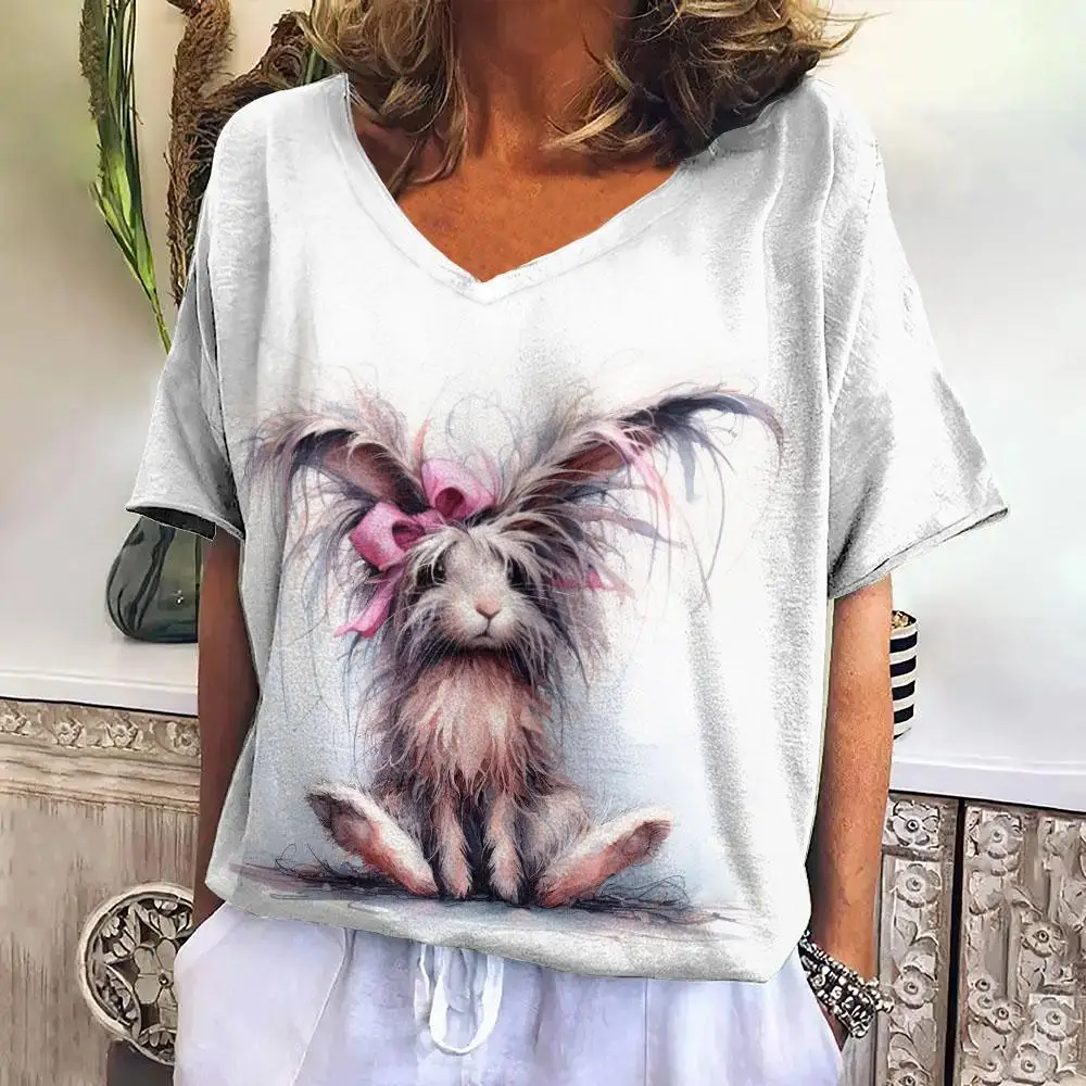 

2024 Women's T-Shirt Casual Animal 3d Print T-Shirt Harajuku Fashion Short Sleeve V-Neck Oversized Clothing Daily Top Tee