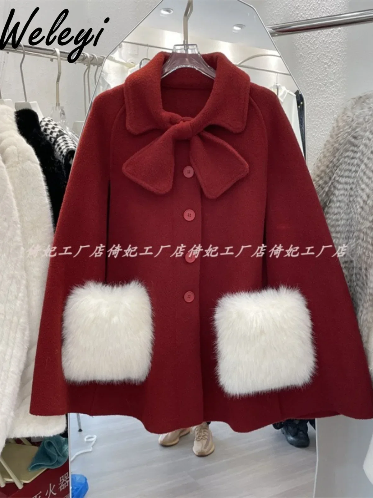 Dolce fiocco mantello cappotto di lana donna 2024 autunno e inverno nuova principessa fiocco da donna imitazione collo di pelliccia di volpe