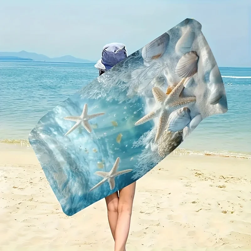 Starfish Seashell Coral Ocean Print Beach Towel Polyester Soft Quick Dry Large Bath Towel Summer Swimming Pool Surfing Blanket