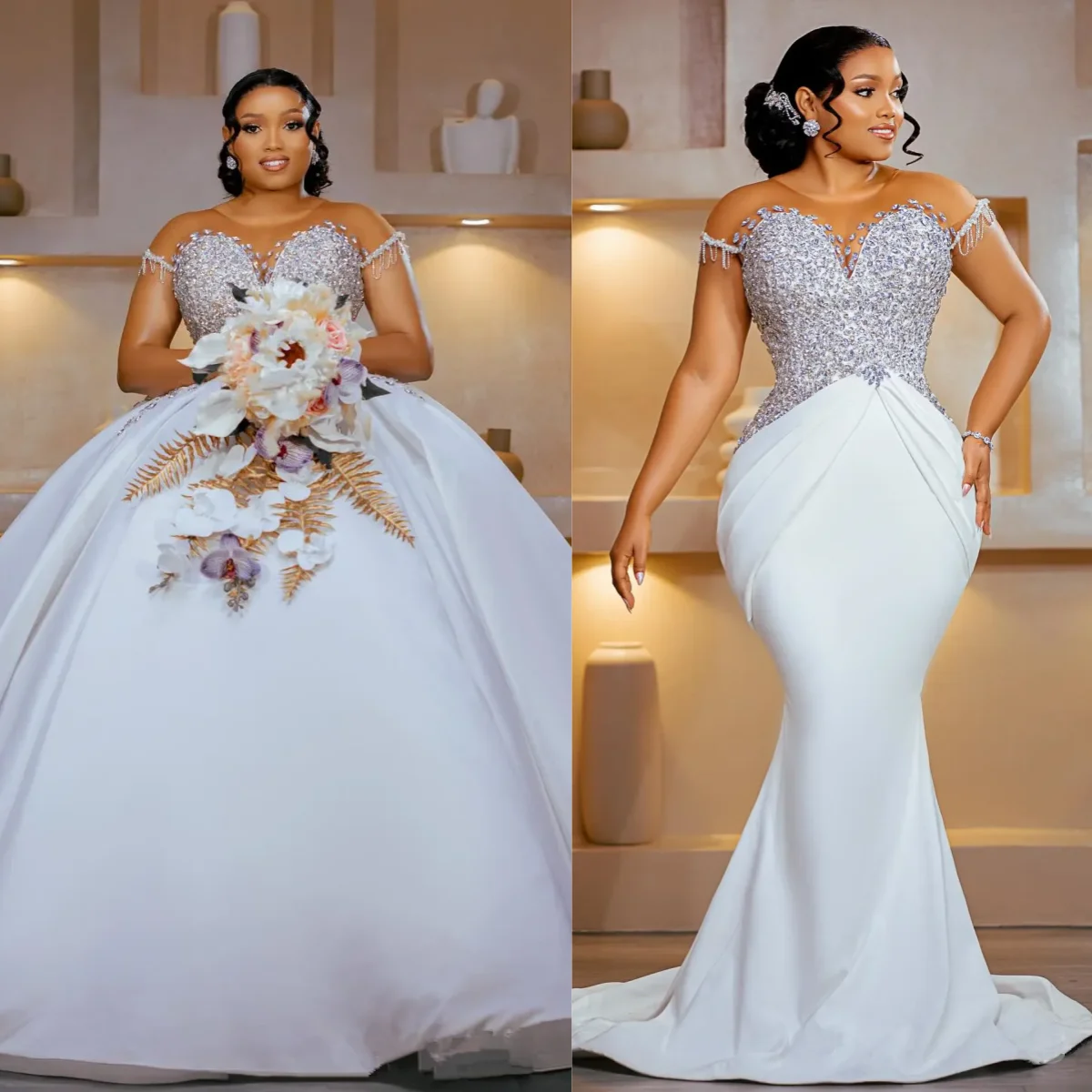 

Роскошное свадебное платье-русалка для африканских женщин со съемным шлейфом, прозрачным воротником, кружевными длинными рукавами, платье для выпускного вечера, на заказ