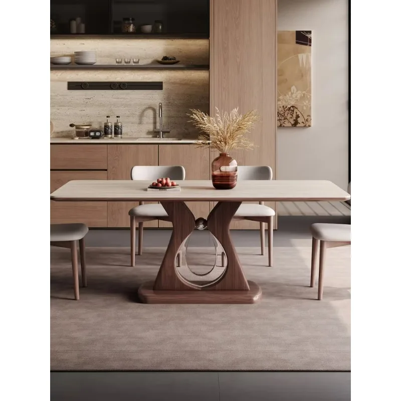 Solid Wood Vintage Medieval Style Rock Slab Island Dining Table All-in-one Retractable Household Walnut Color Rectangular
