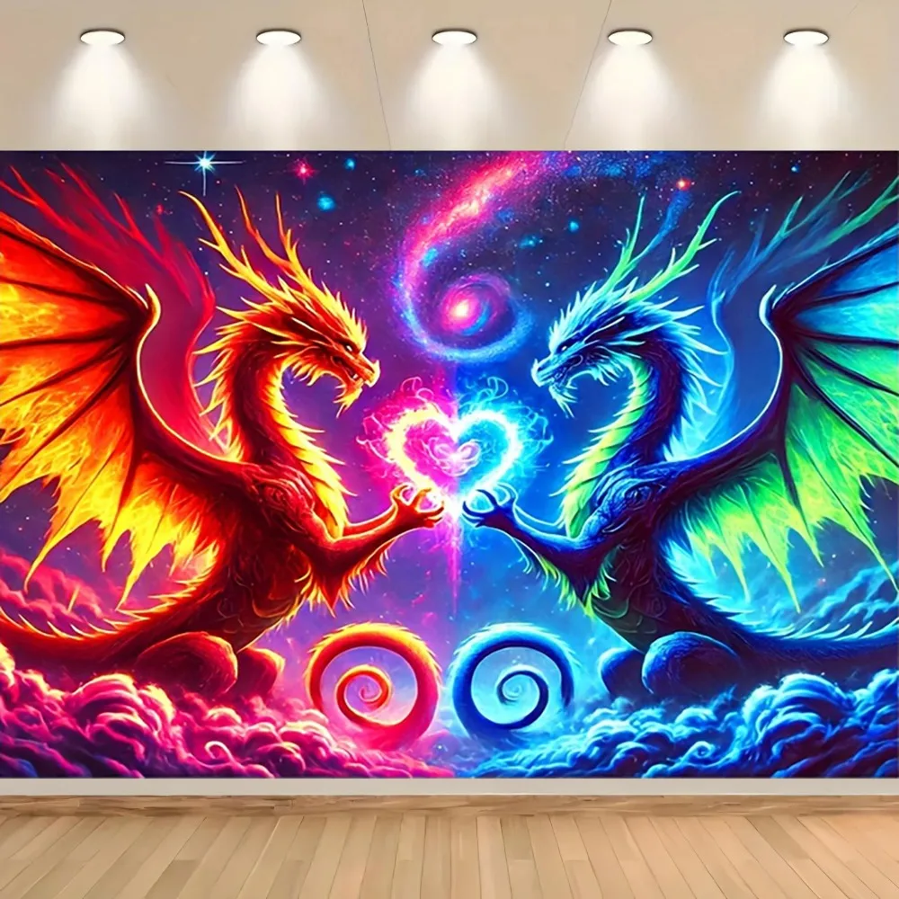 Fire and Ice Dragon Tapestry, Yin Yang Fantasy Art Wall Hanging, Colorful Mythical Creature Decor, Neon Galaxy Bedroom Backdrop