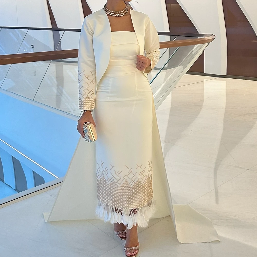 

Customized High Quality Crystal Feathers Shawl Satin Evening Dress Formal Square Collar Long Sleeves Straight Homecomi
