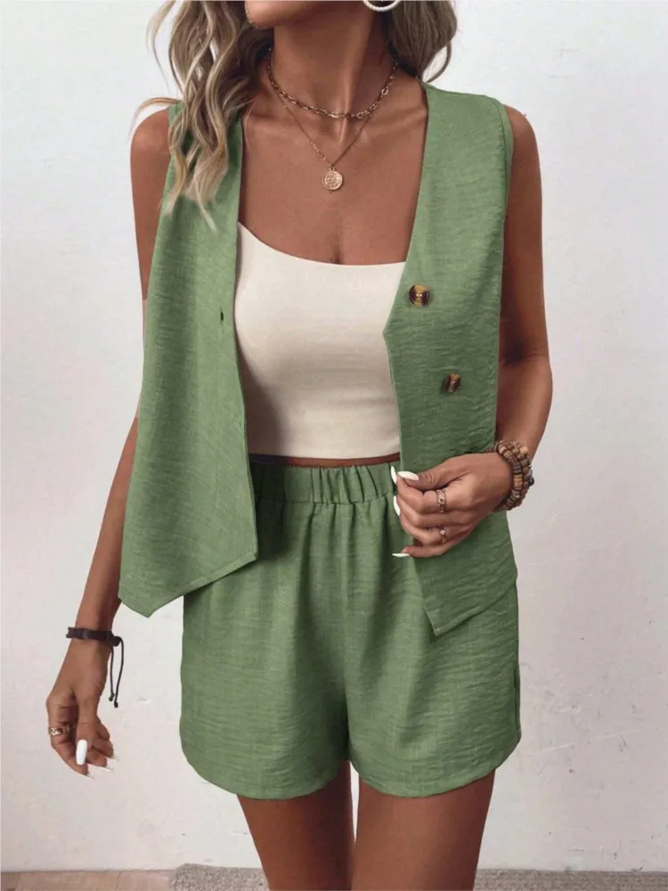 

Summer Woman 2 Piece Set Outfit Fashion Elegant V Neck Top Short Pants Causal Office Solid Two Piece Set For Woman Women Clothes