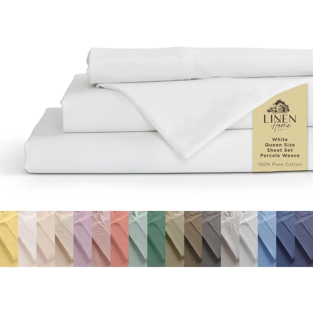 

100% Cotton Percale Sheets Queen Size, White, Deep Pocket, 4 Pieces Set - 1 Flat, 1 Deep Pocket Fitted Sheet and 2 Pillowcases,