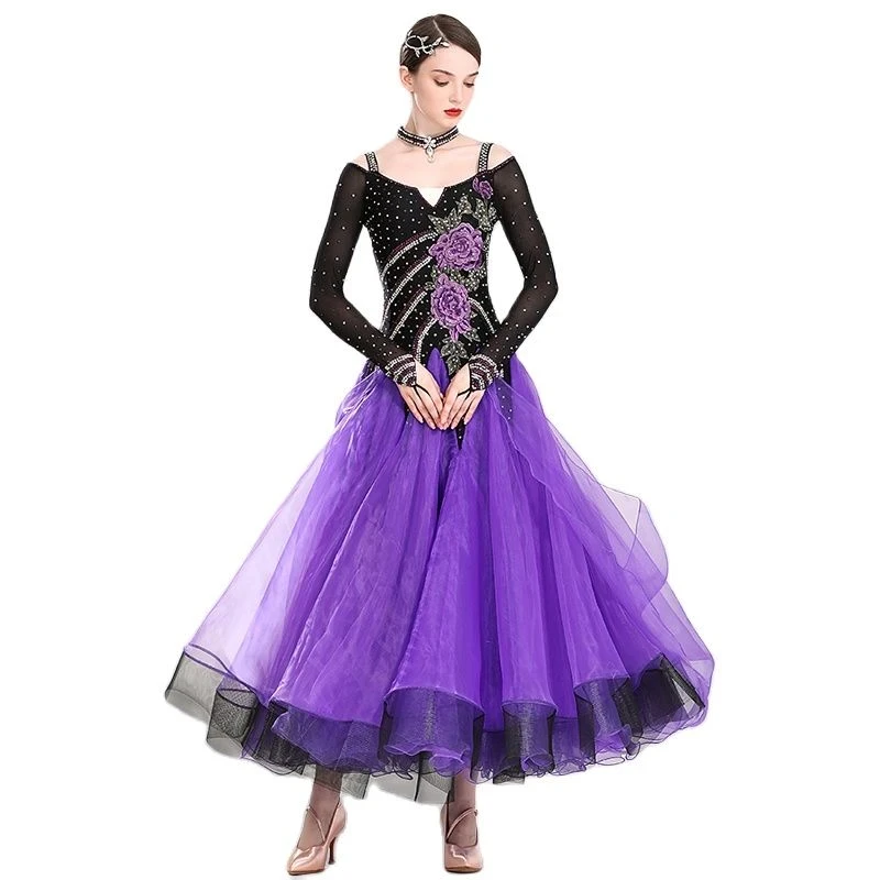 Contrast Colors Swing Long Sleeves Ballroom Dance Dress For Women Lyrical Dance Costume Waltz Dress Dance Wear Ball Gown