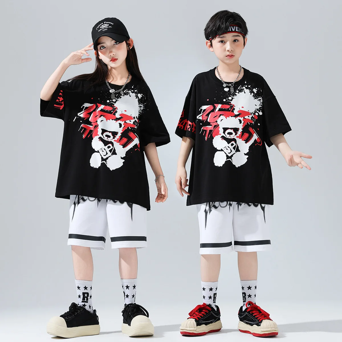 

Kid Kpop Hip Hop Clothing Black Print T Shirt Top White Casual Street Summer Shorts for Girl Boy Jazz Dance Wear Costume Clothes