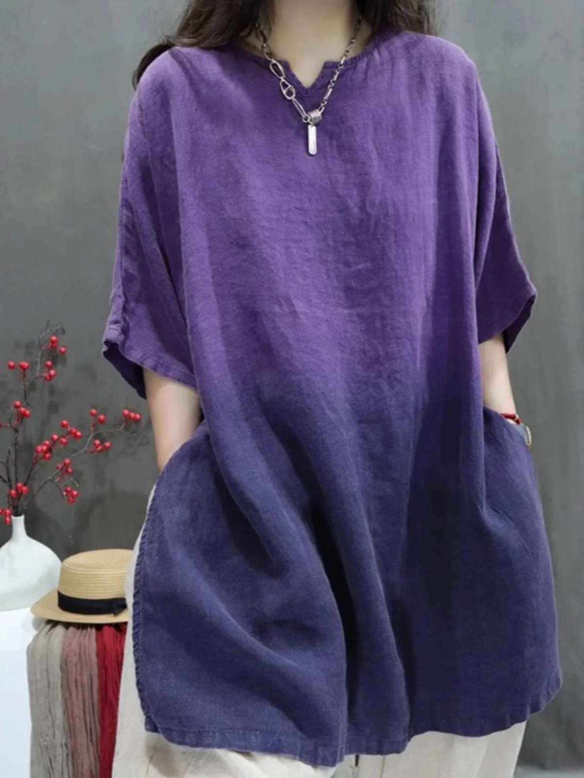 Loose Large Version Cotton Linen f Sve irt Women's Mid-Length Robe T-irt Lazy Sle European Goods Tailor Single