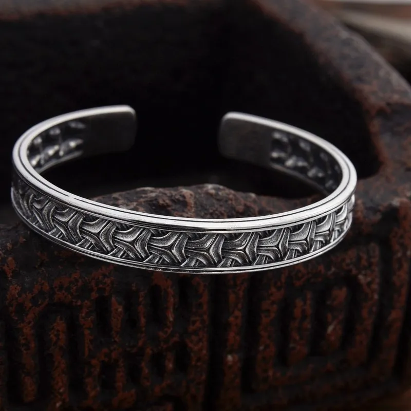 925 Mountain Pattern Bracelet Men And Women, Open Sterling Bangle, Silver Wristband Jewelry