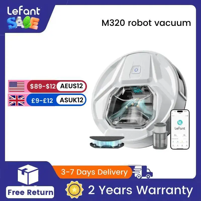 Lefant M320 Robot Vacuum Cleaner with Mop, 6000Pa Powerful Suction, Visible Dustbin, Carpet Detection, Alexa Voice Control