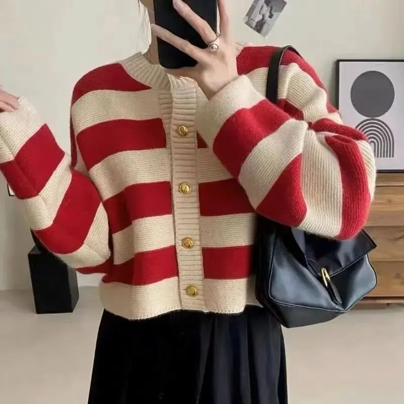 Striped O-neck Knitting Cardigan Women Autumn Winter Loose Long Sleeve Sweater Coat Fashion All-match Office Lady Knitwear Tops