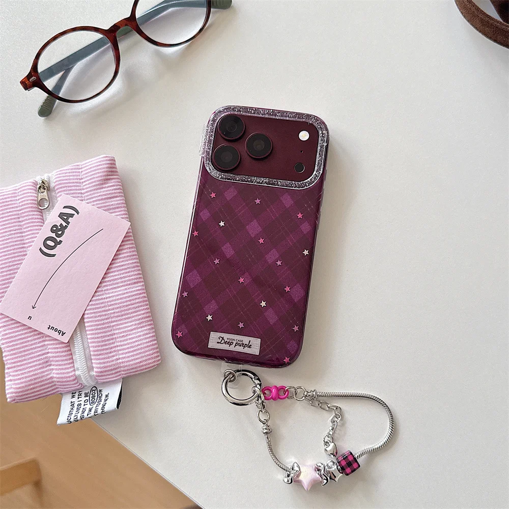 Kawaii Dark Purple Argyle Star Phone Case With Pink Star Bead Wrist Strap Soft Cover for iPhone 18 17 16 15 Pro Max Fundas Korea
