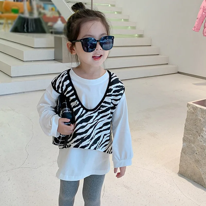 Spring Children Two Piece Clothes Long Sleeve Loose Bottom Shirt+Striped Vest Girls Pure Cotton Soft Skin-Friendly Suits 4-8Y