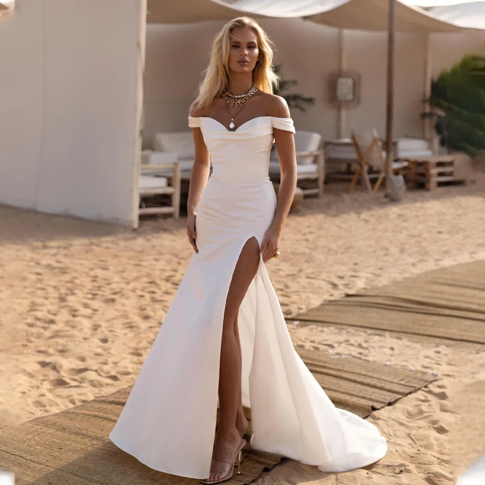 

Modern Off The Shoulder V-neck Pleat Satin Mermaid Wedding Dresses Side Slit Custom Made Bridal Grown Vestido De Noival