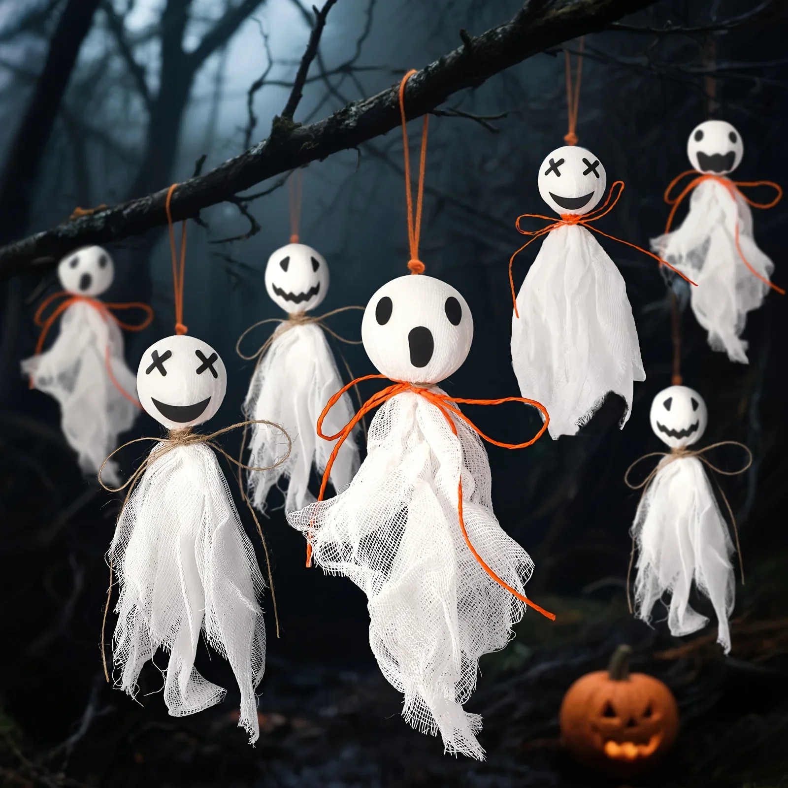 Décorations d'Halloween aléatoires pour la maison, 6/12 pièces, ornements fantômes effrayants prêts à accrocher avec expressions pour une ambiance festive