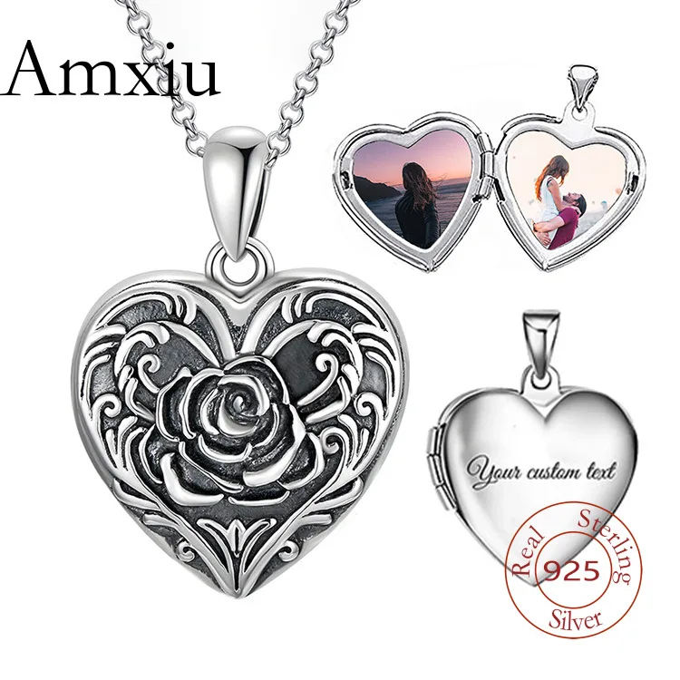 Amxiu Sterling Silver 925 Original Design Double-Sided Rose Heart-Shaped Photo Box Necklace Birthday Party Gift