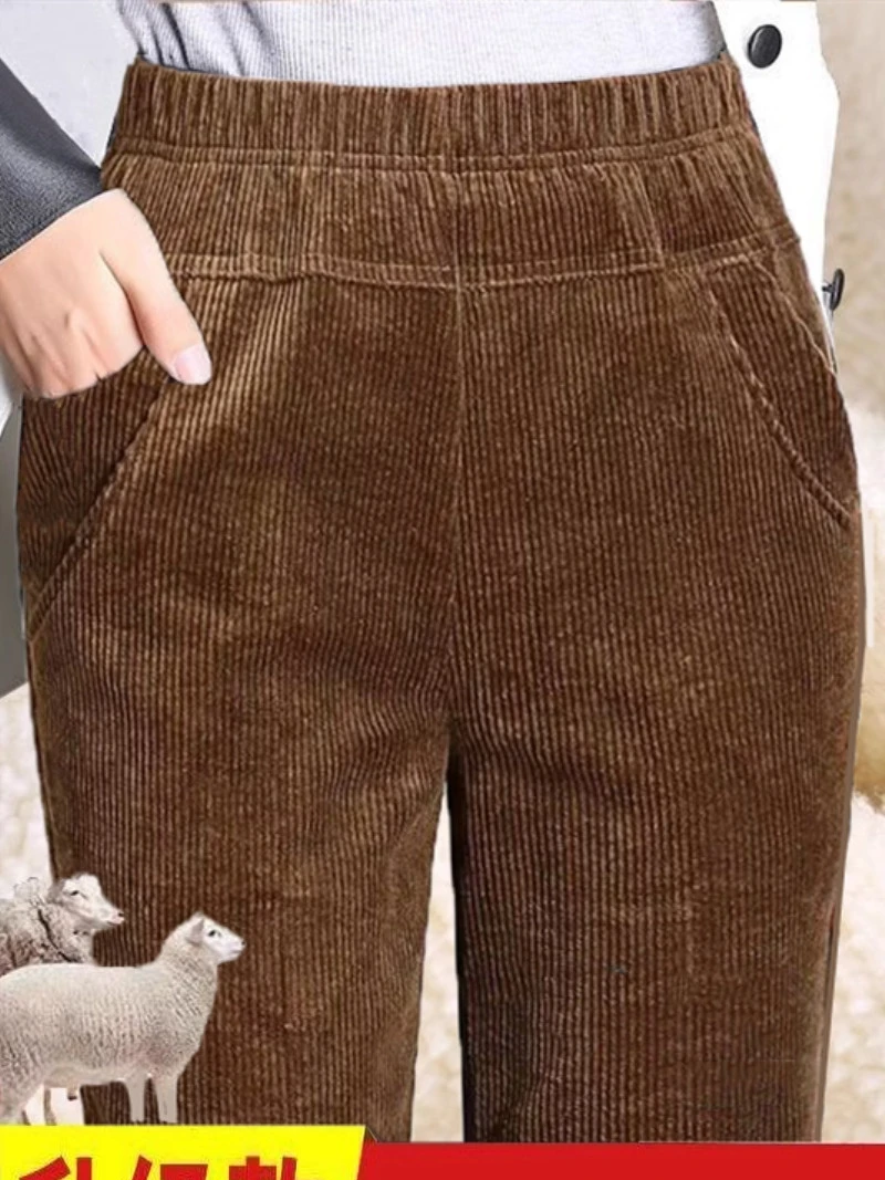 

Женские брюки с высокой талией из утолщенного вельвета, эластичные теплые брюки прямого кроя, модные брюки для мам, повседневные брюки-харлан