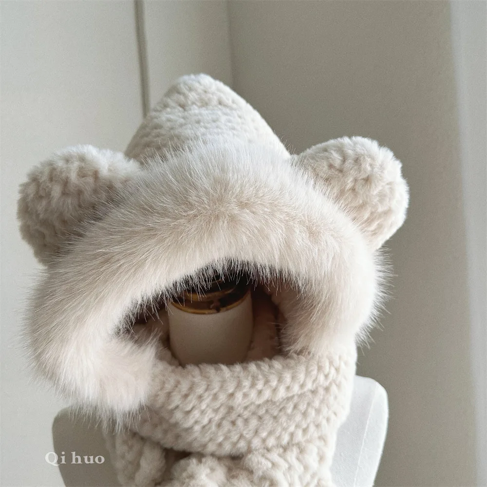 Scarf Gloves three-piece Cap Russian Hat Warm Plush Bib Winter Girl Russian Toboggan Fluffy Knitted Beenies Pillbox caps M28