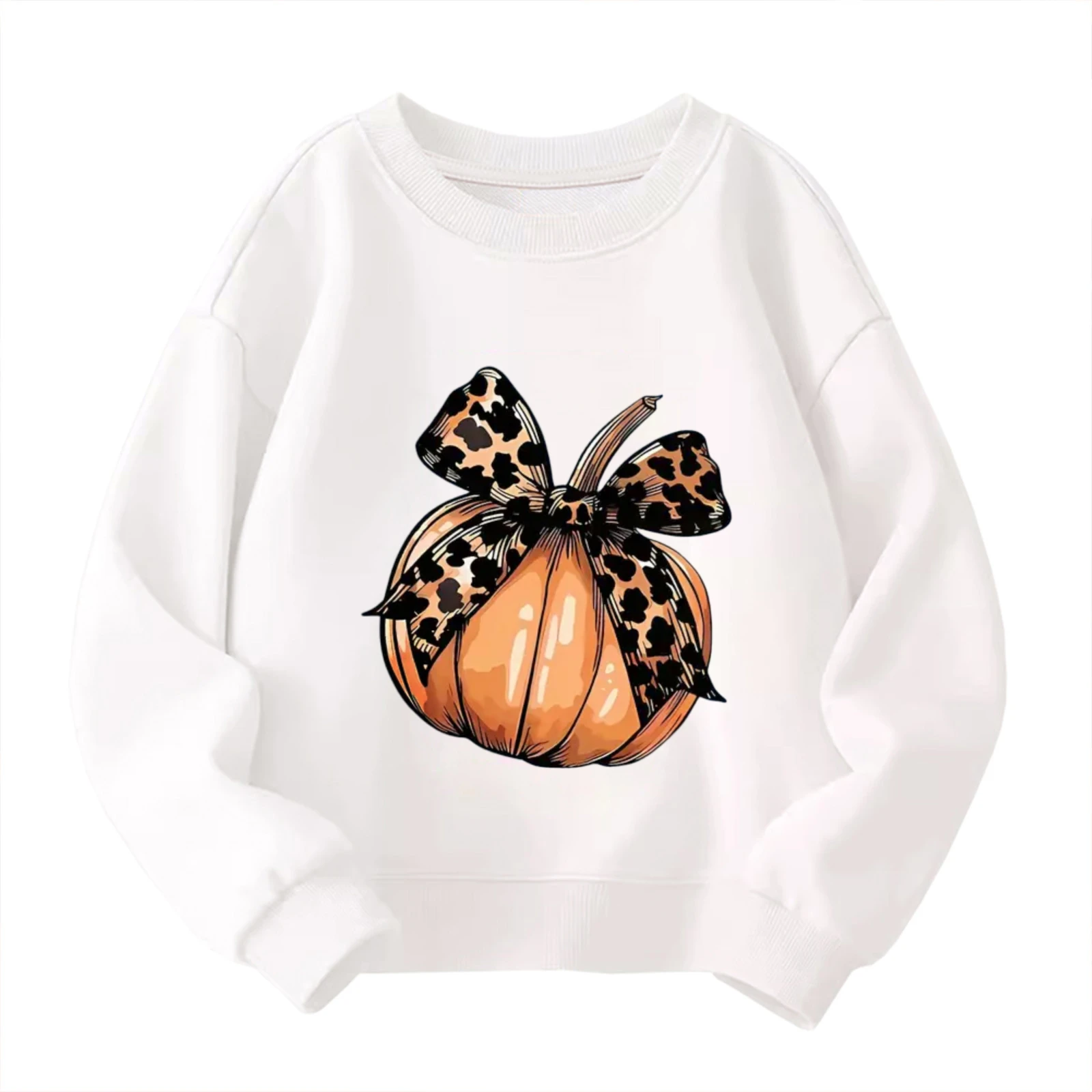 

Детская толстовка с круглым вырезом - леопардовый бант, тыква, осень, винтажный модный эстетический шикарный белый пуловер с графическим рисунком