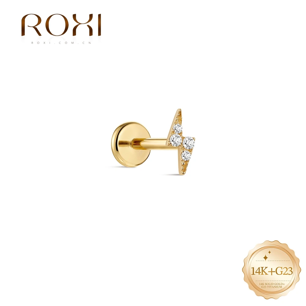 ROXI 1PC 14K Solid Gold Cubic Zirconia Lightning Flat Back Cartilage Stud Helix Tragus Piercing Earring Fine Jewelry Gift