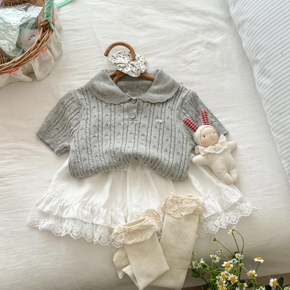 Conjunto de punto de cuello  estilo preppy para niñas, conjunto de verano de manga corta con bordado de aodón y falda d...